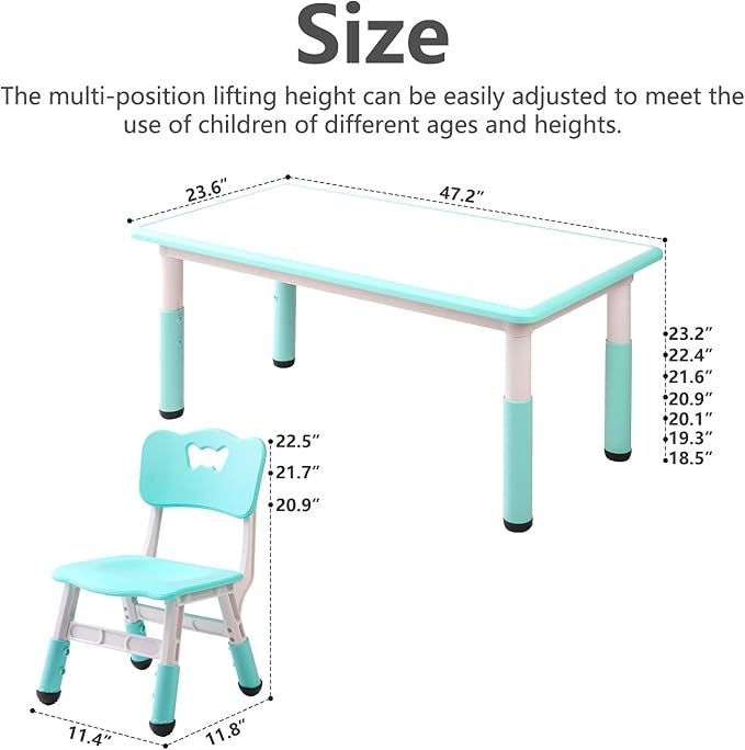 Children's Table and Chair Set Suitable for Boys and Girls Age 2-12 Height Adjustable Table top Can be Painted with 6 Seats Suitable for Family Learning Daily use (Mint Green)