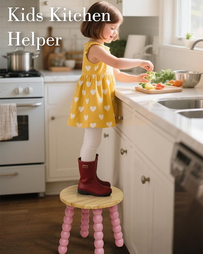 Masupu Solid Wooden Step Stool for Adults Kids, 11 inch Small Foot Stool, Non-Slip One Step Stool, Sturdy Foot Stool for Bathroom, Bedroom, Kichen, Plant Stand(Natural and Pink)