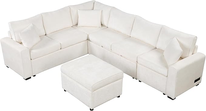 112" Luxurious Pull-out Sofa Bed Sleeper with Storage Ottoman,Sectional Sleeper Couch W/ 3 Pillows,2 USB ports & 2 Power Sockets,Corner Furniture Set for Living Room Large Space,Cream Chenille