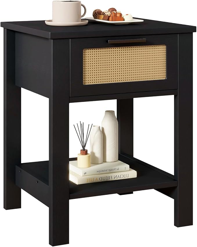 IBUYKE Rattan Nightstand, Boho Night Stand with Drawer, Wood Bedside Tables with Storage Shelf, End Table with Legs for Bedroom, Black UWNS011B