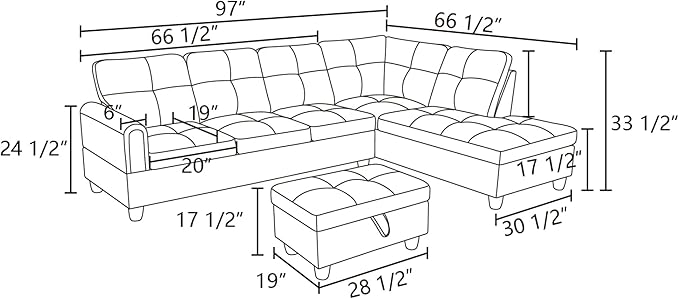 L Shaped Sectional Sofa with Ottoman, Modern Couches for Living Room, Microfiber Facing, Bedroom, Office