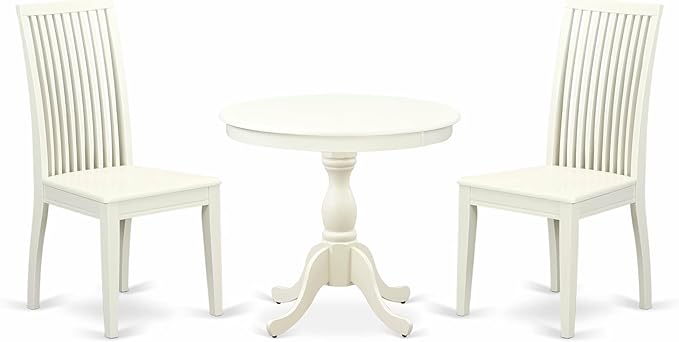 East West Furniture AMIP3-LWH-W 3 Piece Dining Room Table Set Contains a Round Kitchen Table with Pedestal and 2 Dining Chairs, 36x36 Inch, Linen White