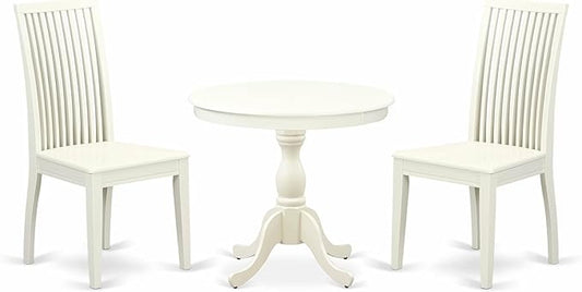 East West Furniture AMIP3-LWH-W 3 Piece Dining Room Table Set Contains a Round Kitchen Table with Pedestal and 2 Dining Chairs, 36x36 Inch, Linen White