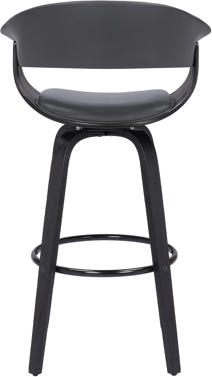Armen Living Julyssa Mid Century Modern Swivel Bar Stool for Kitchen Island Counter in Gray Faux Leather and Black Wood, 26" Seat Height