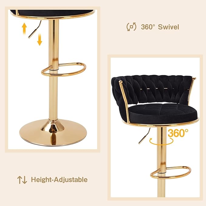 VECELO Bar Stools Set of 4, Modern-Contemporary Velvet Woven Counter Height Stools with Back and Arms, 360 Swivel Bar Chair, Black