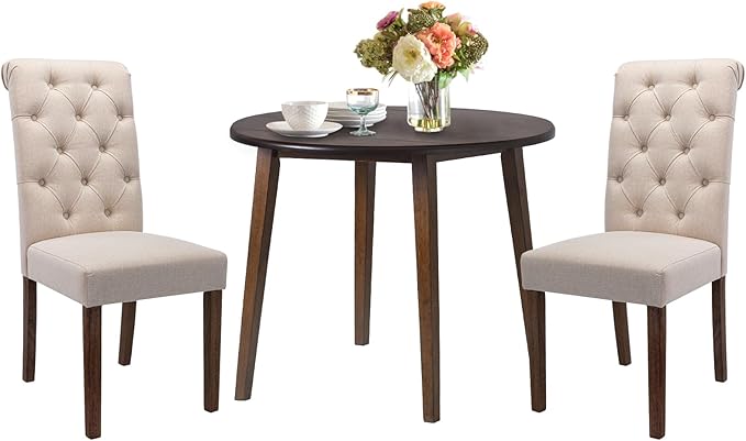 COLAMY 3-Piece Extendable Dining Table Set for 2, 36" Round Kitchen Wood Table with 2 Tufted Dining Room Chairs, Light Brown/Beige