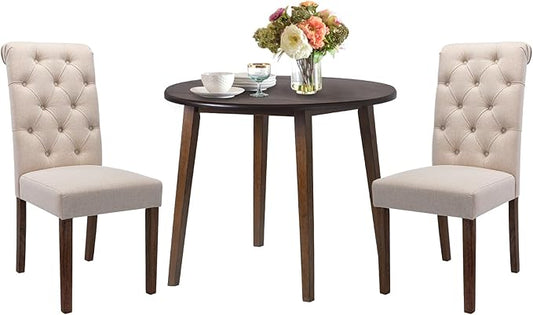 COLAMY 3-Piece Extendable Dining Table Set for 2, 36" Round Kitchen Wood Table with 2 Tufted Dining Room Chairs, Light Brown/Beige