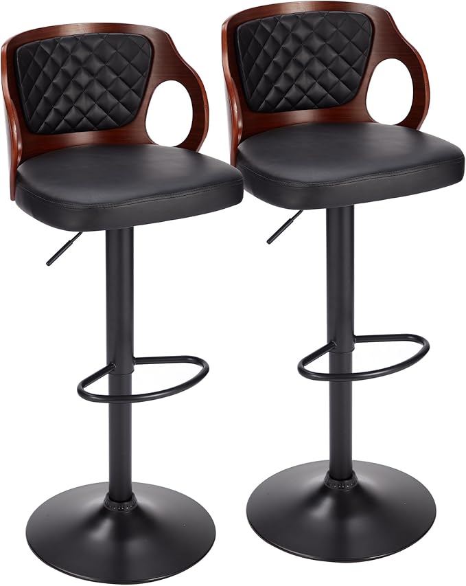 VECELO Bar Stools Set of 2,Adjustable Counter Height Stools with Bentwood Back,Armrest&Footrest,Swivel PU Leather Bar Chairs for Kitchen Island,Coffee Shop and Salon,Black,Quilted Elegance