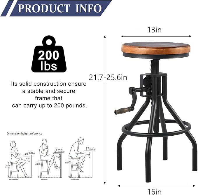Diwhy Industrial Farmhouse Counter Stool Wooden Seat Height Adjustable with Handle Kitchen Bar Stool Black Set of 2