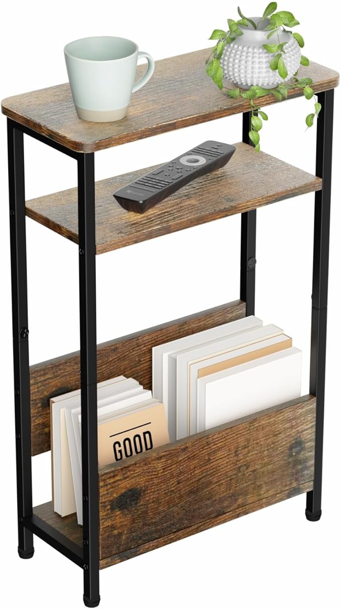 7.1" Narrow Side Table for Small Spaces, 3 Tier Small End Table with Magazine Holder, Slim/Skinny Nightstand/Bedside Table for Living Room, Bedroom, 15.4" L x 24.2" H