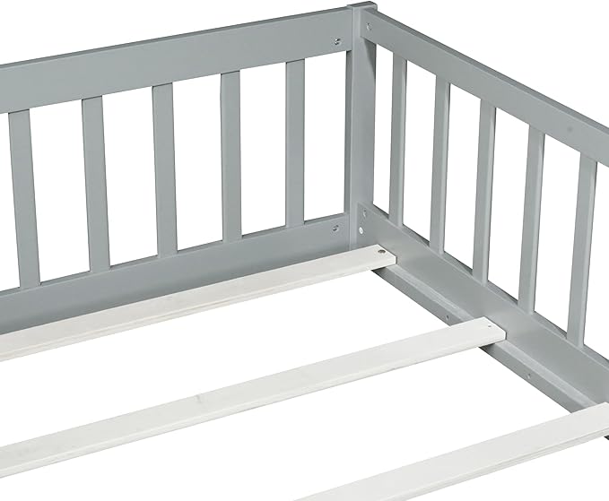 Bellemave Twin Floor Bed with Slats and Safety Guardrails, Kids Montessori Floor Beds with Fence and Door, Easy Assemble Floor Bed for Kids, Girls, Boys, Gray