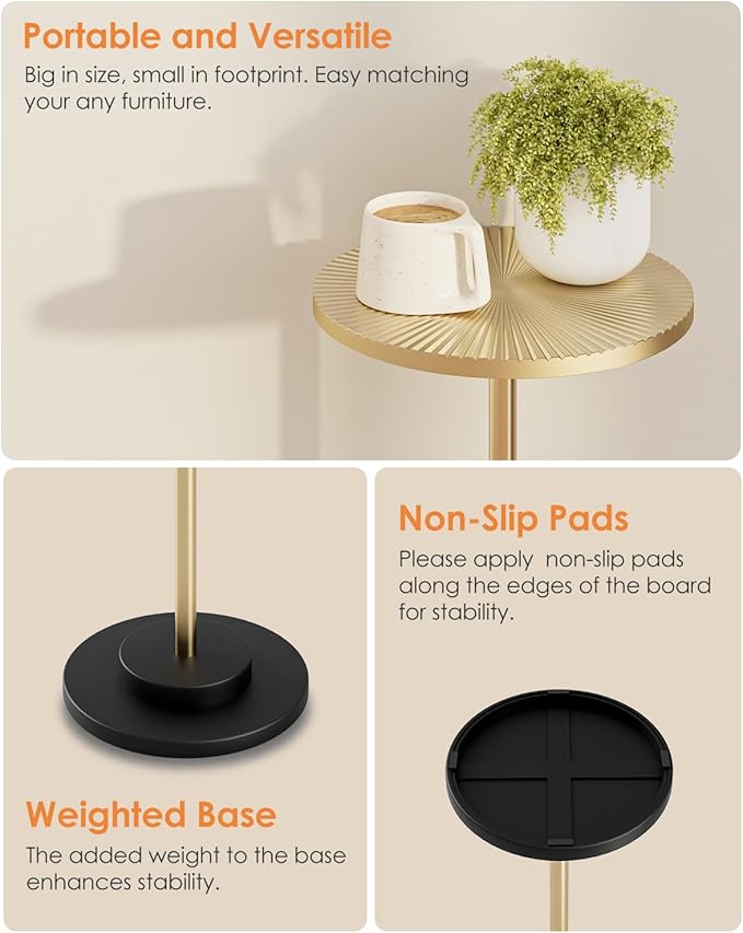 Round Side Table, Small Drink Table for Small Spaces, Modern Accent End Table Coffee Table with Metal Leg for Living Room, Bedroom, Corners, and Office (Gold)