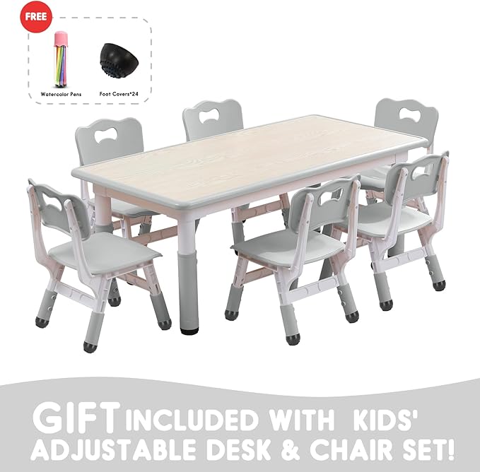 Kids Table and Chairs Set, Height Adjustable Desk With 6 Seats for Ages 2-12,Arts & Crafts Table,Graffiti Desktop, Non-Slip Legs, Max 300lbs, Children Multi-Activity Table for Classrooms,Daycares,Home