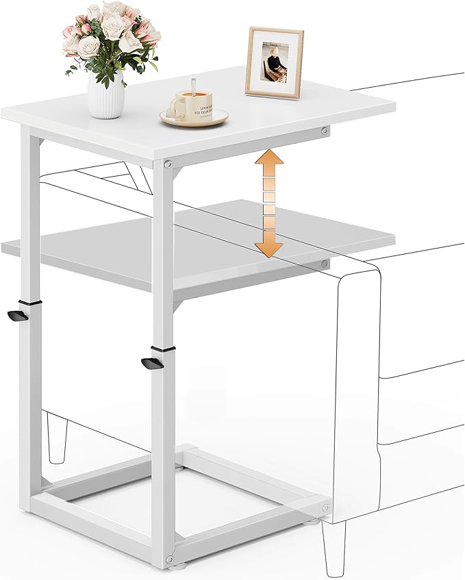 Vagusicc C Shaped End Table, 33" Tall Couch Table Adjustable Height Side Table, Sofa Table That Slide Under, C Table End Table TV Tray Coffee Arm Table for Living Room, Bedroom, Small Spaces, White
