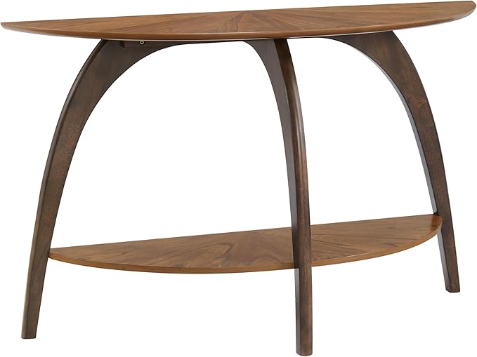 Martin Svensson Home LAX Two-Tone 48-Inch Caramel Brown Half-Moon Wood Sofa Console Table with Walnut Legs and Shelf Storage