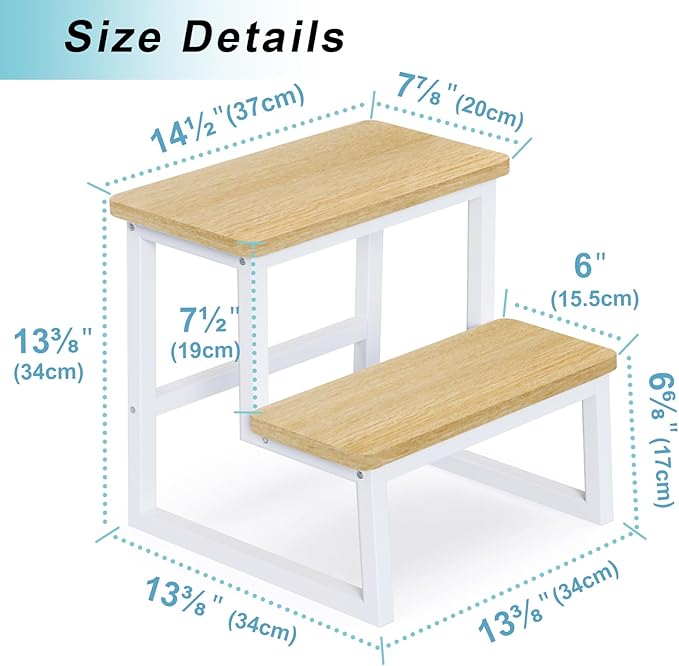 Step Stool for Adults & Kids,Holds up to 500Lbs,Heavy Duty Sturdy Steping Stool for Kichen/Bathroom/High beds, Wooden&Metal Frame, Non-Slip Rubber Pads