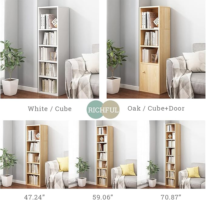 IOTXY Small Narrow Corner Bookcase - 47 Inches Tall Gap Freestanding Storage Cabinet, 5 Lattices Open Shelves Tower Rack, Cubes Bookshelf in Oak