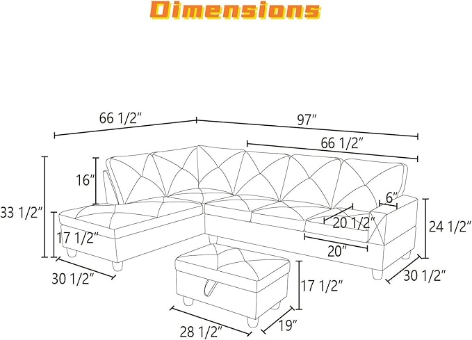 L Shaped Sectional Couch with Otttoman, 97" Sectional Sofa for Living Room Flannel Modular Couches with Cup Holders for Bedroom, Apartments, Grey