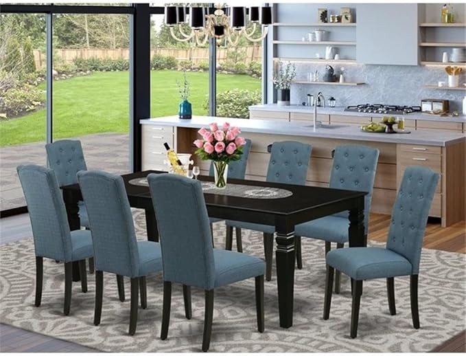 East West Furniture LGCE9-BLK-21 9 Piece Dining Table Set Includes a Rectangle Kitchen Table with Butterfly Leaf and 8 Mineral Blue Linen Fabric Upholstered Chairs, 42x84 Inch, Black