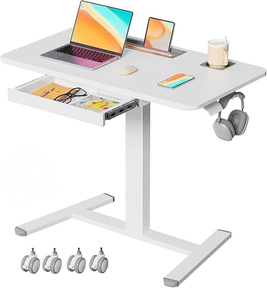 Mobile Standing Desk with Drawer, 35" Small Standing Desk with Cup Holder, Rolling Laptop Desk on Wheels, Height Adjustable Desk with Storage for Home Office, White