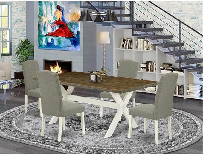 East West Furniture X077EN206-5 5 Piece Modern Dining Table Set Includes a Rectangle Wooden Table with X-Legs and 4 Dark Shitake Linen Fabric Parson Chairs, 40x72 Inch, Multi-Color