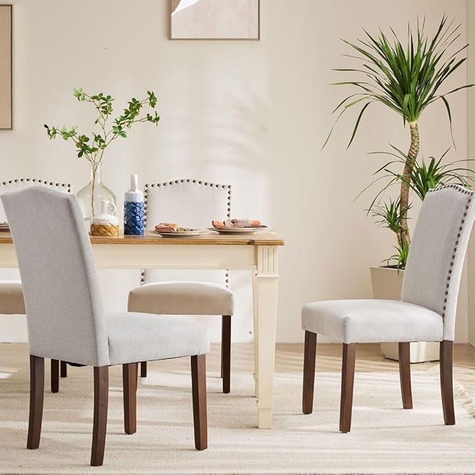 Kitchen Chairs Set of 4 Modern Upholstered Fabric Seat with Nailhead Trim and Ergonomic Lumbar Support for Living Room and Rustic Farmhouse Dining Area, Grey