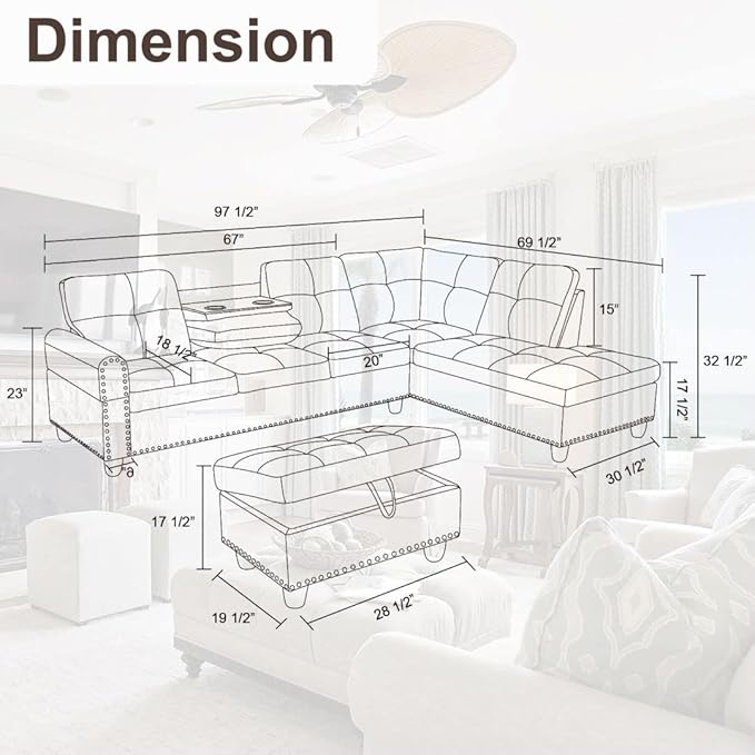 L Shaped Sectional Couches, Modular Sectional Sofa with Ottoman Storage, Nail-Head Design Lounge Sofa with Reversible Cup Holder for Living Room, Bedroom, Purple