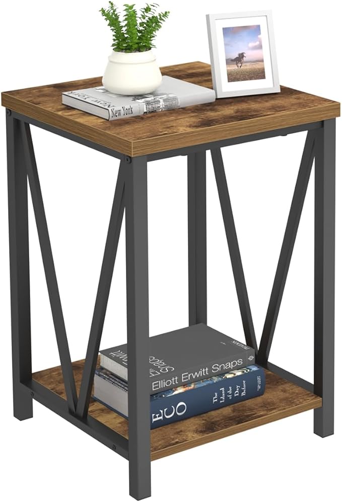 EXCEFUR End Table, Square Side Tables for Living Room, Industrial Metal and Wood Nightstand for Bedroom, Rustic Brown