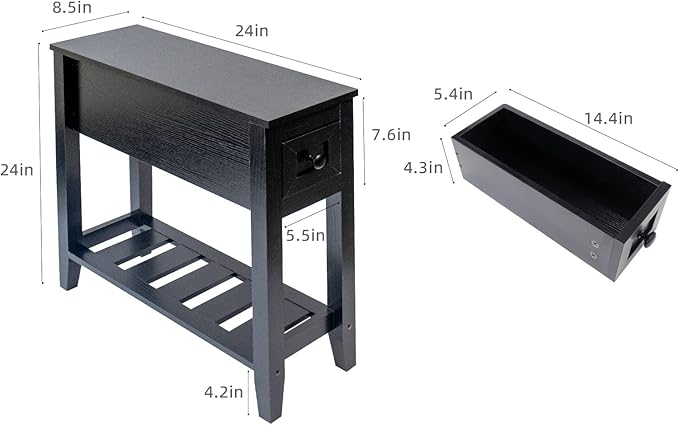 Narrow End Table, Black Side Table with Drawer, Slim Bed Side Table for Small Space/Night Stand Set of 1, Side Table for Couch