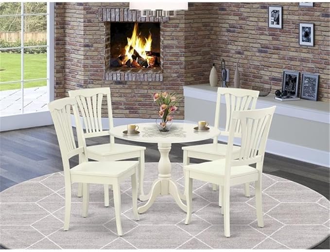 East West Furniture DMAV5-LWH-W 5 Piece Modern Dining Table Set Includes a Round Wooden Table with Dropleaf and 4 Dining Chairs, 42x42 Inch, Linen White