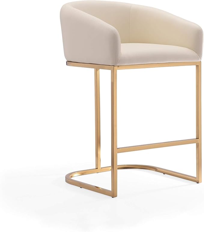 Manhattan Comfort Louvre 26 Inch Mid Century Modern Counter Height Bar Stools - Elegant Faux Leather Padded Seat, Stainless Steel Base with Footrest, Fully Assembled Barstools, Set of 2, Cream