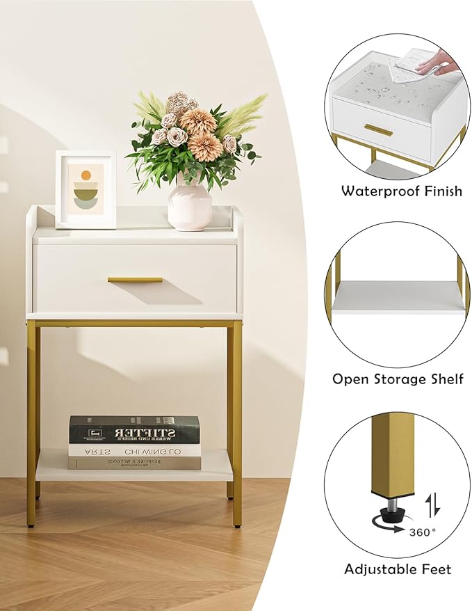 Nightstand,3-Tier Modern Night Stand,Bedside Table with Storage Drawer and Shelf,Small Side Table for Bedroom,Living Room,White