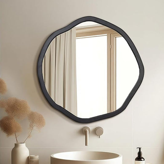 ULIKE Round Wood Mirror 24 Inch Circle Wall Mirror, Asymmetrical Bathroom Vanity Mirror with Wood Frame, Decorative Wall Mounted Mirror for Bedroom, Living Room, Entryway, Black