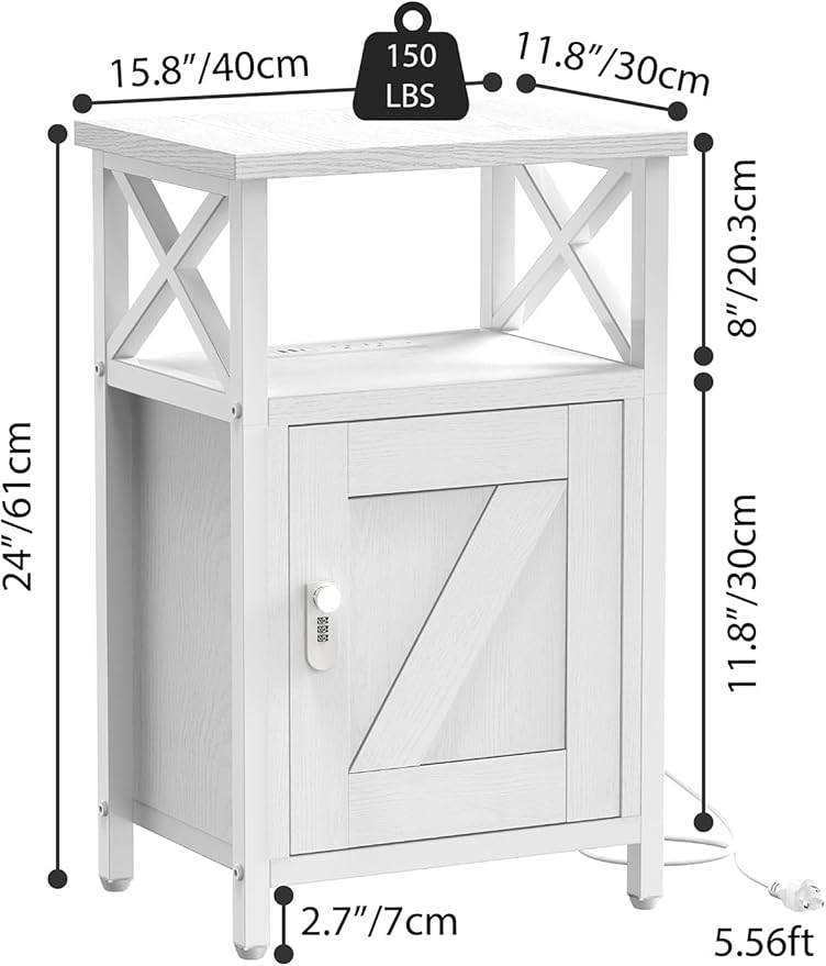 Wooden Nightstand with Lock, Bed Side Table with Drawers, Bedside Table with Charging Station, 3 USB & 2 Outlets, Night Stand with Storage, End Tables for Living Room, Bedroom, Dorm, White