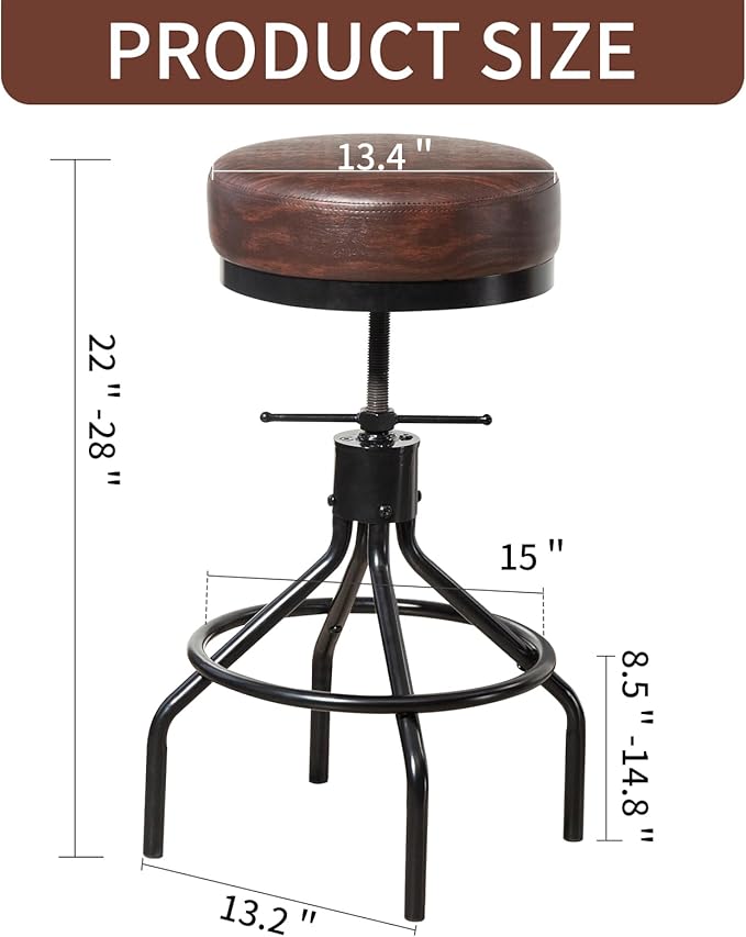 Counter Height Bar Stools Set of 3 Adjustable Swivel Barstools Industrial Modern PU Leather 28inch Round Backless Counter Height Stool Metal Bar Chair for Kitchen Island (3, Walnut)