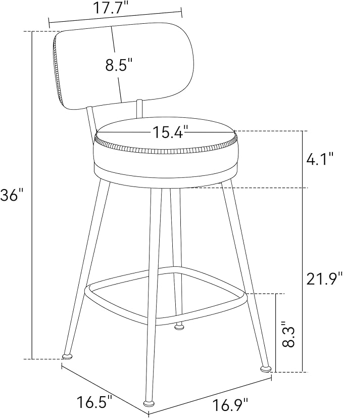 Counter Height Bar Stools, 26" H Swivel Barstools Set of 2, Faux Leather Kitchen Counter Stools with Back and Stylish Stitching, Metal Frame, Pub, Home Bar, Black Grey