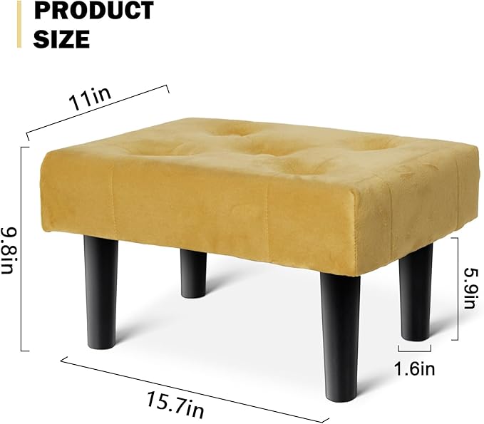HOUCHICS Small Footstool Ottoman, Velvet Wooden Foot Stool Ottoman with Wood Legs, Sofa Footrest Extra Seating for Living Room Entryway Office(Yellow 2PACK)