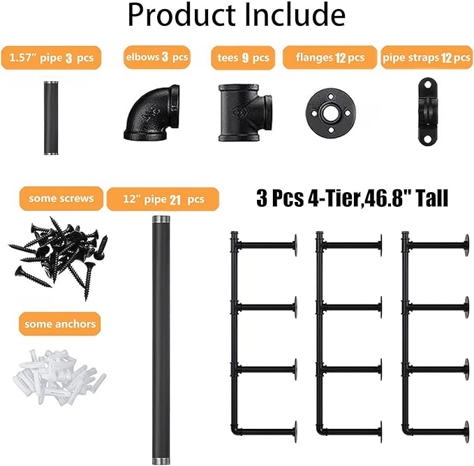 Industrial Pipe Shelf Brackets Wall Mount, Open Black Pipe Shelving for Kitchen,Floating Shelf Brackets Mount,Open Bookshelf Brackets for Shelves,Wall Shelves 12 Inch Deep,(2PcsX3Tier,47" Tal)