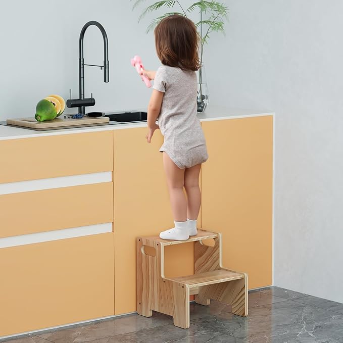 Wooden Step Stool,Two Step Stool for Kids,Toddler Montessori Stool Supports 300 lbs Kids Toddler Stepping Stool for Bathroom Sink/Toilet/Kitchen/Bed,Natural
