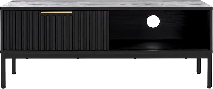 SAFAVIEH Lylia TV Stand for up to 55" Flatscreen – Black with Black Legs & Gold Handle, 1 Sliding Door, 1 Open Shelf, Entertainment Media Console (MED9617B)