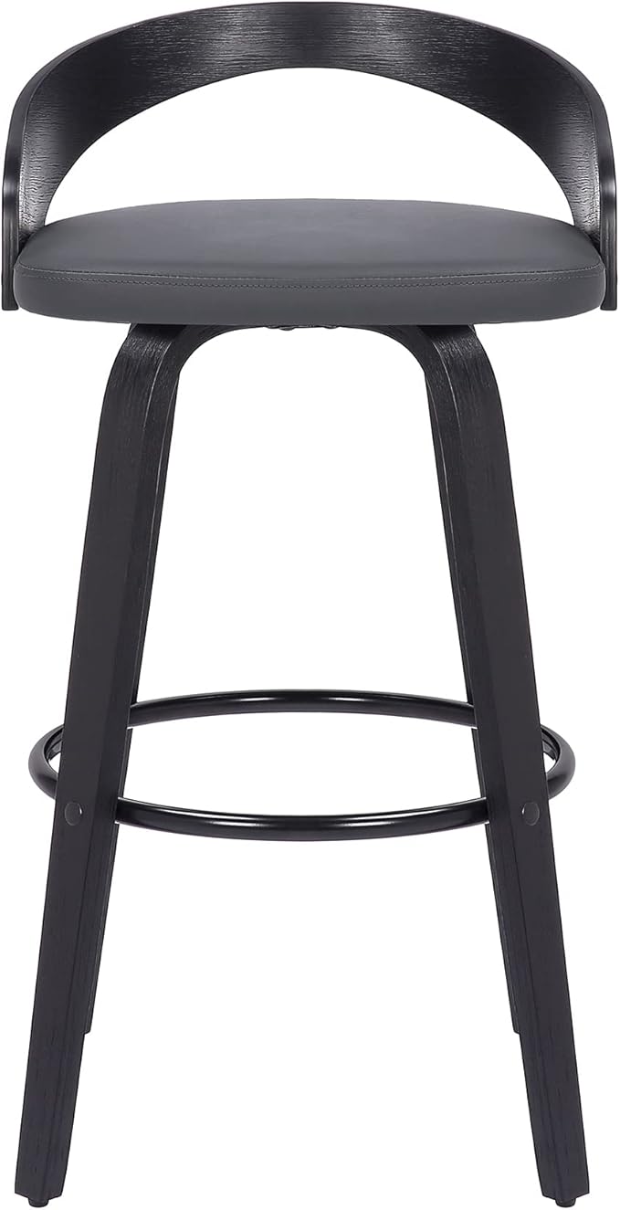 Armen Living Sonia 30" Bar Height Swivel Gray Faux Leather and Black Wood Bar Stool