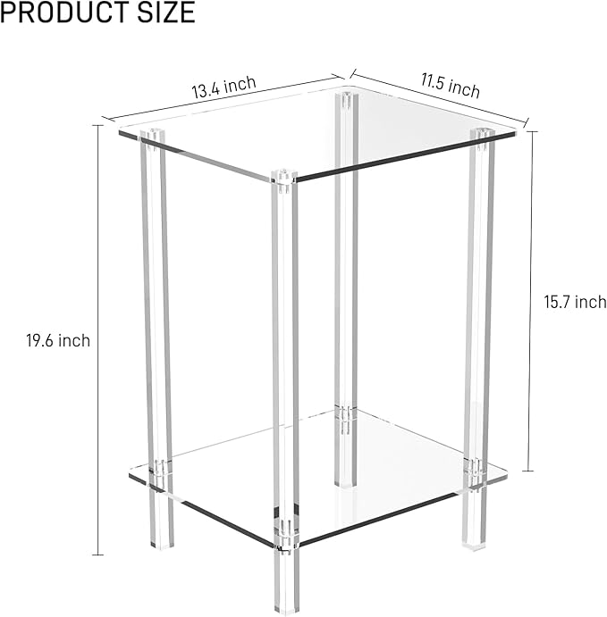Eglaf Acrylic Small Side Table with Square Leg - 13.4'' L x 11.5'' W x 19.6'' H - Small Nightstand Bedside Table 2-Tier Clear End Table for Living Room, Bedroom