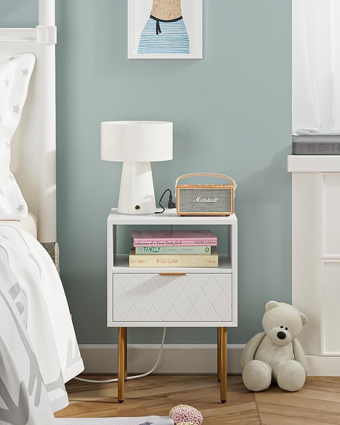 Nightstand,Morden Bedside Table with Gold Frame,Small White Night Stand,End Table,Bedside Furniture,Side Table with Drawer and Shelf for Bedroom,Living Room (1Drawer, White-Outlet-pane)