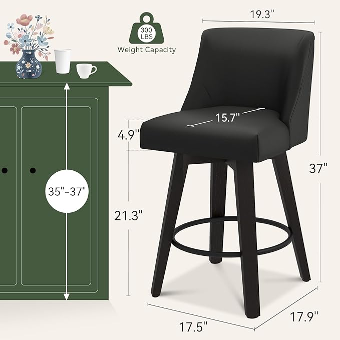 Vipbear Swivel Counter Height Bar Stools Set of 4,26.8" H Counter Stools with Back, Mid Century Modern Bar Stools for Kitchen Island,Faux Leather,Wooden Base, Black