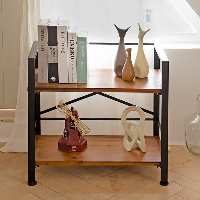 Crofy Rustic Bookshelf, 2 Tier Real Wood Bookshelf, Metal Book Shelf for Storage, Black Bookcase, 12.6" D x 23.62" W x 22.83" H