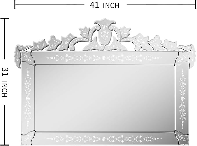 KOHROS Large Decorative Wall Mirrors for Living Room 41x31 Inch Venetian Wall Mirror with Ornate Crown, Etched Floral Design Beveled Edge Rectangle Decorative Mirror for Bedroom Dining Room Hallway