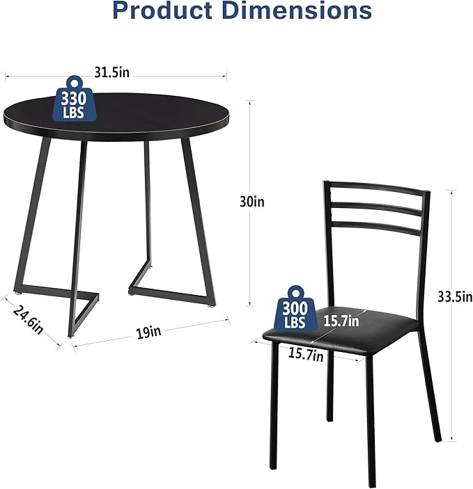 VECELO Small Round Dining Table Set for 2, Heavy-Duty Metal Frame & Upholstered Chair for Breakfast Nook, Kitchen, and Small Space, Black
