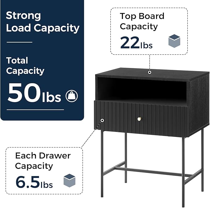 OCANDO Black Night Stand 19" Bedroom Bedside Table, Mid Century Modern Small Nightstand with 1 Fluted Drawer and Storage Shelf, Living Room Slim Sofa Couch Side End Tables Gold Handle