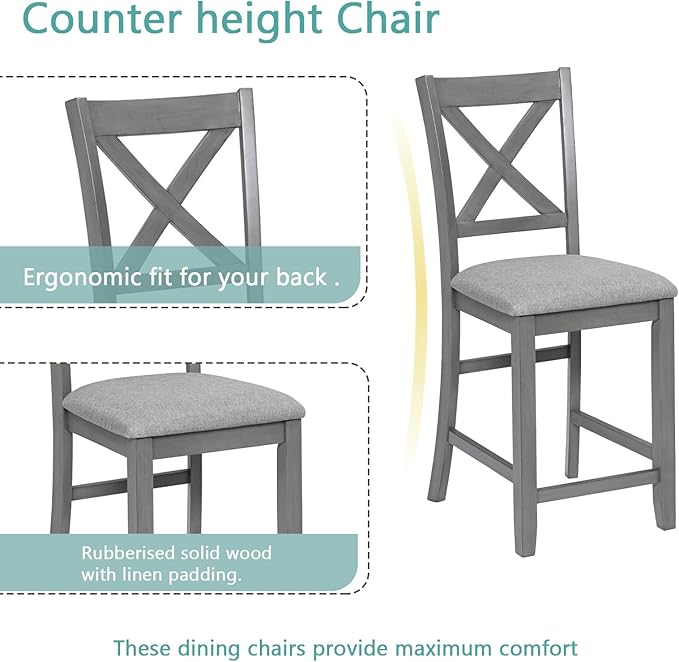 KEIKI 5-Piece Counter Height Dining Table Set with Square Table and 4 Upholstered X-Shaped Backrset Chair, for 4 Person, Modern Style Wooden Table Set, Easy Assembly, for Kitchen, Dining Room, Gray