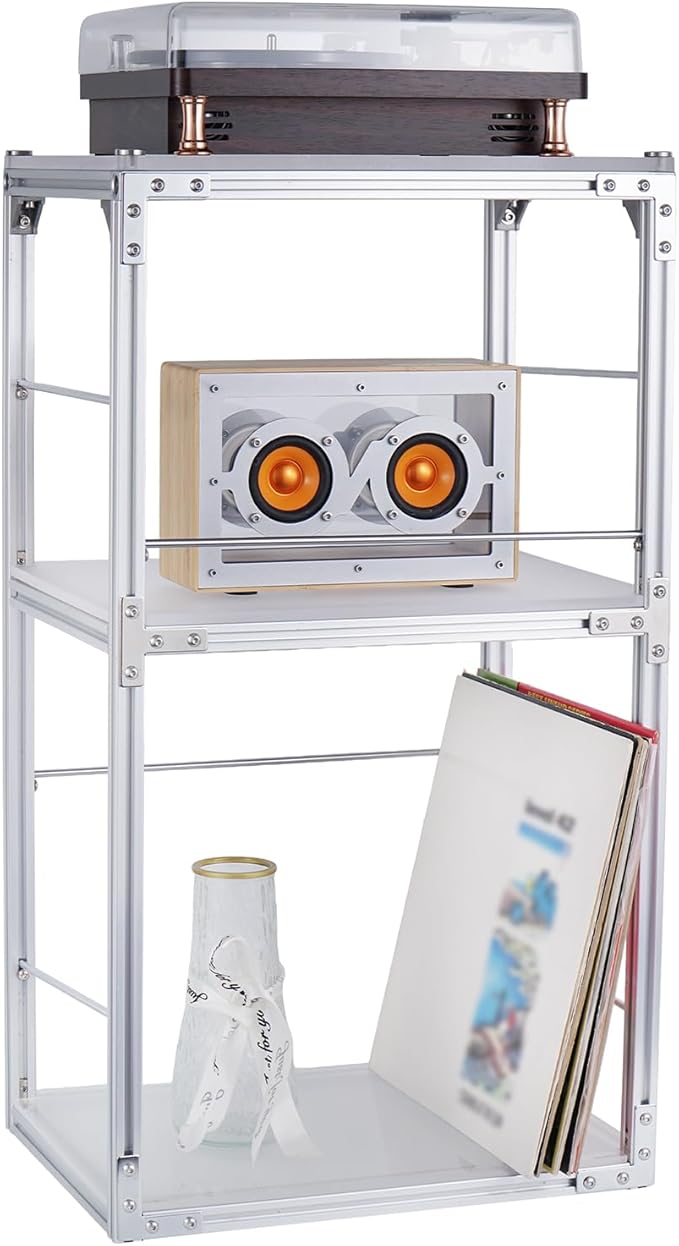 Record Player Stand with Vinyl Record Storage, End Table Style Record Stand, Silver Aluminum & Acrylic Vinyl Record Stand, Modern Record Table
